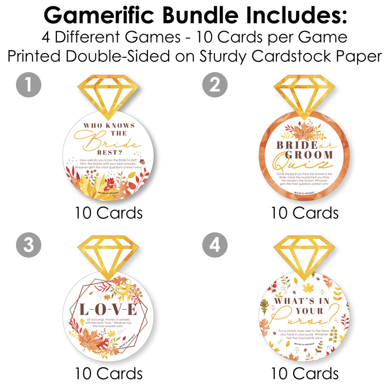 Fall Foliage Bride - 4 Autumn Leaves Bridal Shower Games - 10 Cards Each - Who Knows The Bride Best, Bride or Groom Quiz, What’s in Your Purse and Love - Gamerific Bundle