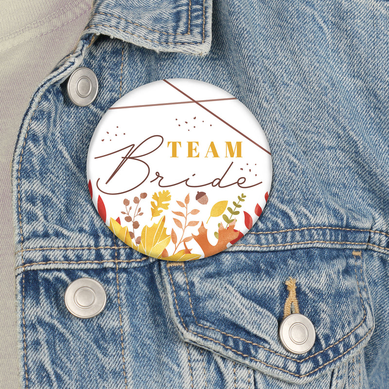 Fall Foliage Bride - 3 inch Autumn Leaves Bridal Shower and Wedding Party Badge - Pinback Buttons - Set of 8