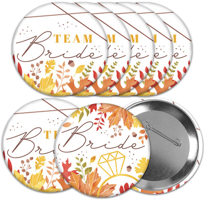 Fall Foliage Bride - 3 inch Autumn Leaves Bridal Shower and Wedding Party Badge - Pinback Buttons - Set of 8