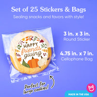 Fall Friends Thanksgiving Stickers & Clear Cookie Bags - 25 Ct