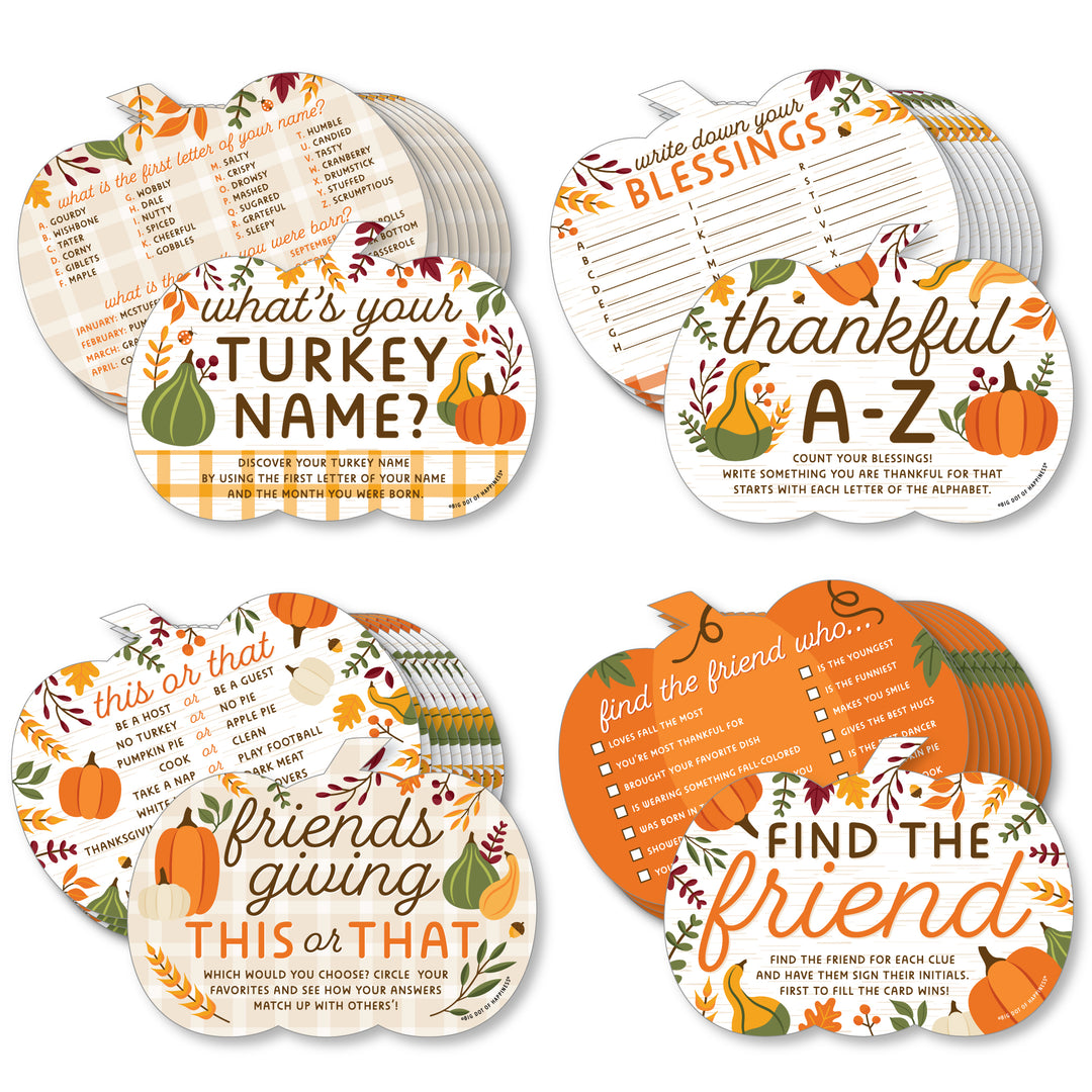 A set of four colorful game cards for a Friendsgiving party, each with a different game title: 'Thankful A-Z', 'What's Your Turkey Name?', 'Friendsgiving This or That', and 'Find The Friend'. The cards are decorated with autumn-themed illustrations such as pumpkins, leaves, and turkey.