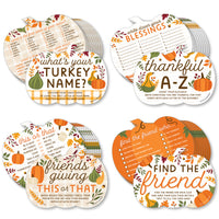A set of four colorful game cards for a Friendsgiving party, each with a different game title: 'Thankful A-Z', 'What's Your Turkey Name?', 'Friendsgiving This or That', and 'Find The Friend'. The cards are decorated with autumn-themed illustrations such as pumpkins, leaves, and turkey.