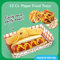 Paper food trays with a hot dog, chips, and nachos on a green background with text about serving party meals.