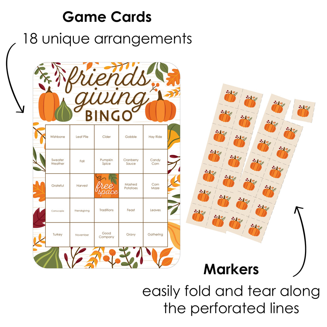 Fall Friends Thanksgiving - Bingo Cards and Markers - Friendsgiving Party Bingo Game - Set of 18