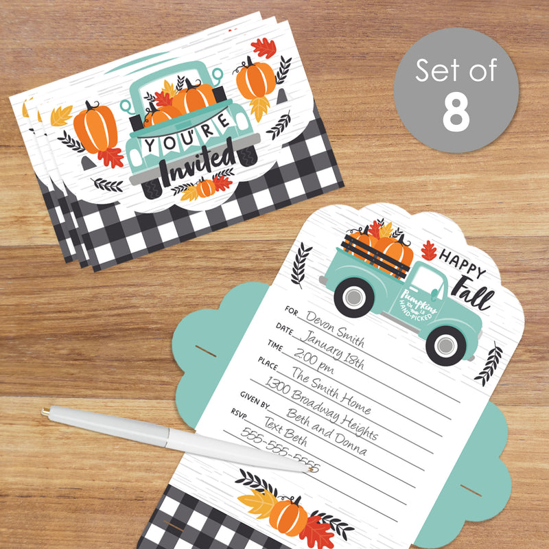Happy Fall Truck - Fill-In Cards - Harvest Pumpkin Party Fold and Send Invitations - Set of 8