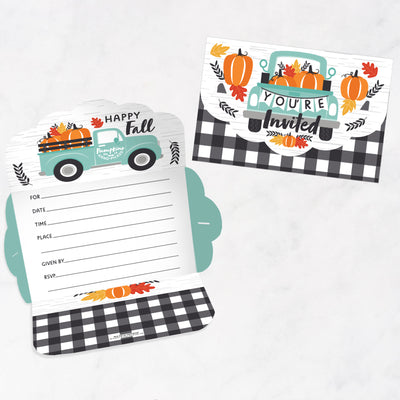 Happy Fall Truck - Fill-In Cards - Harvest Pumpkin Party Fold and Send Invitations - Set of 8