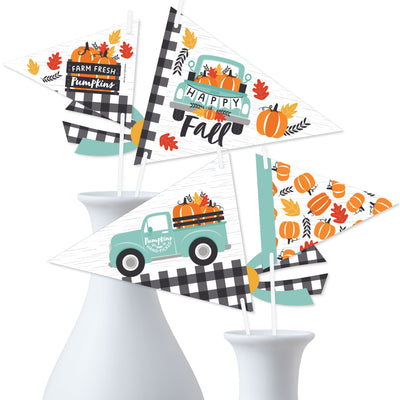 Happy Fall Truck - Triangle Harvest Pumpkin Party Photo Props - Pennant Flag Centerpieces - Set of 20