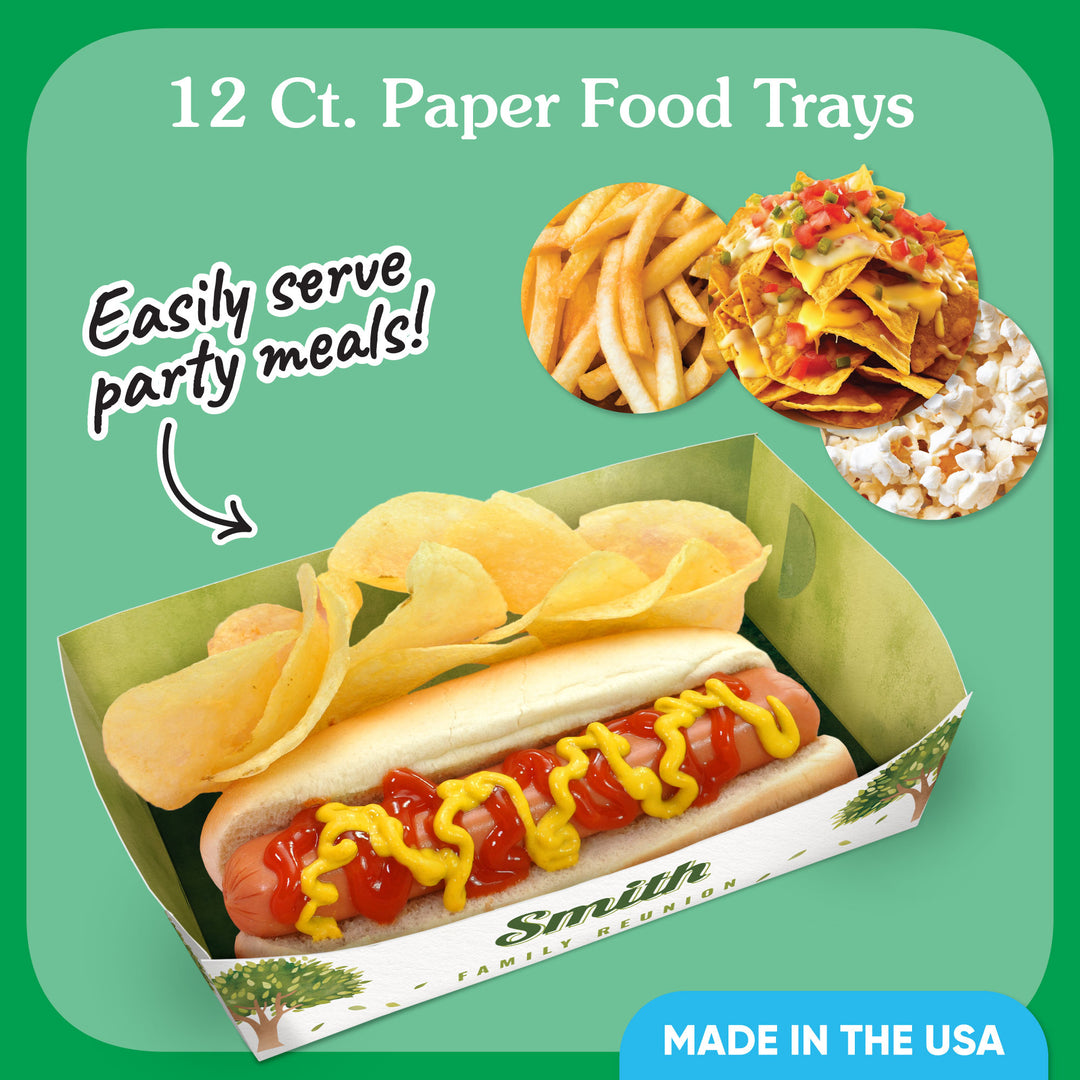Green tree picnic Paper food trays with a hot dog, chips, and nachos on a green background with text about serving party meals.