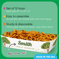 Custom paper food Tray with pretzels and Family Reunion branding on a green background with product features listed.