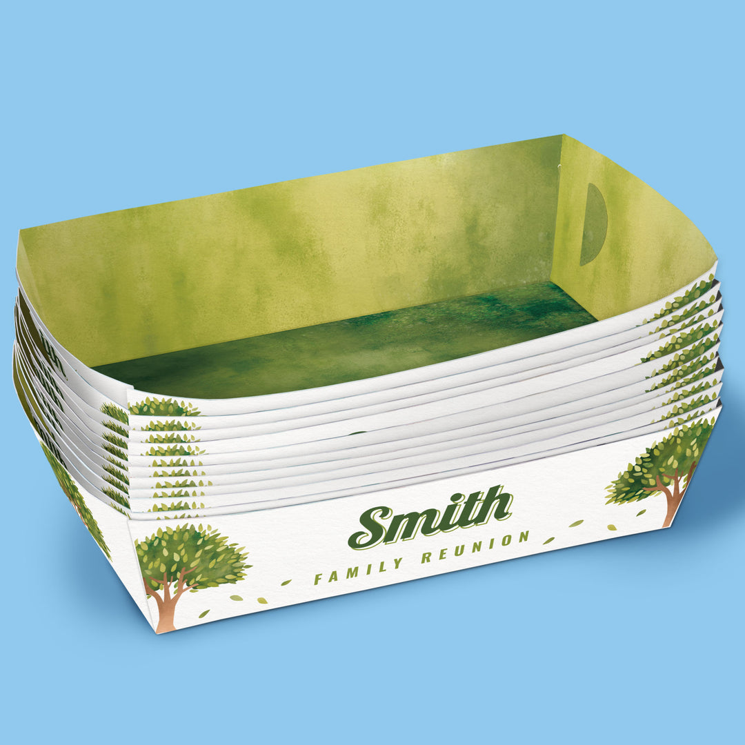 Stack of Custom text paper trays with Family Reunion design on a blue background