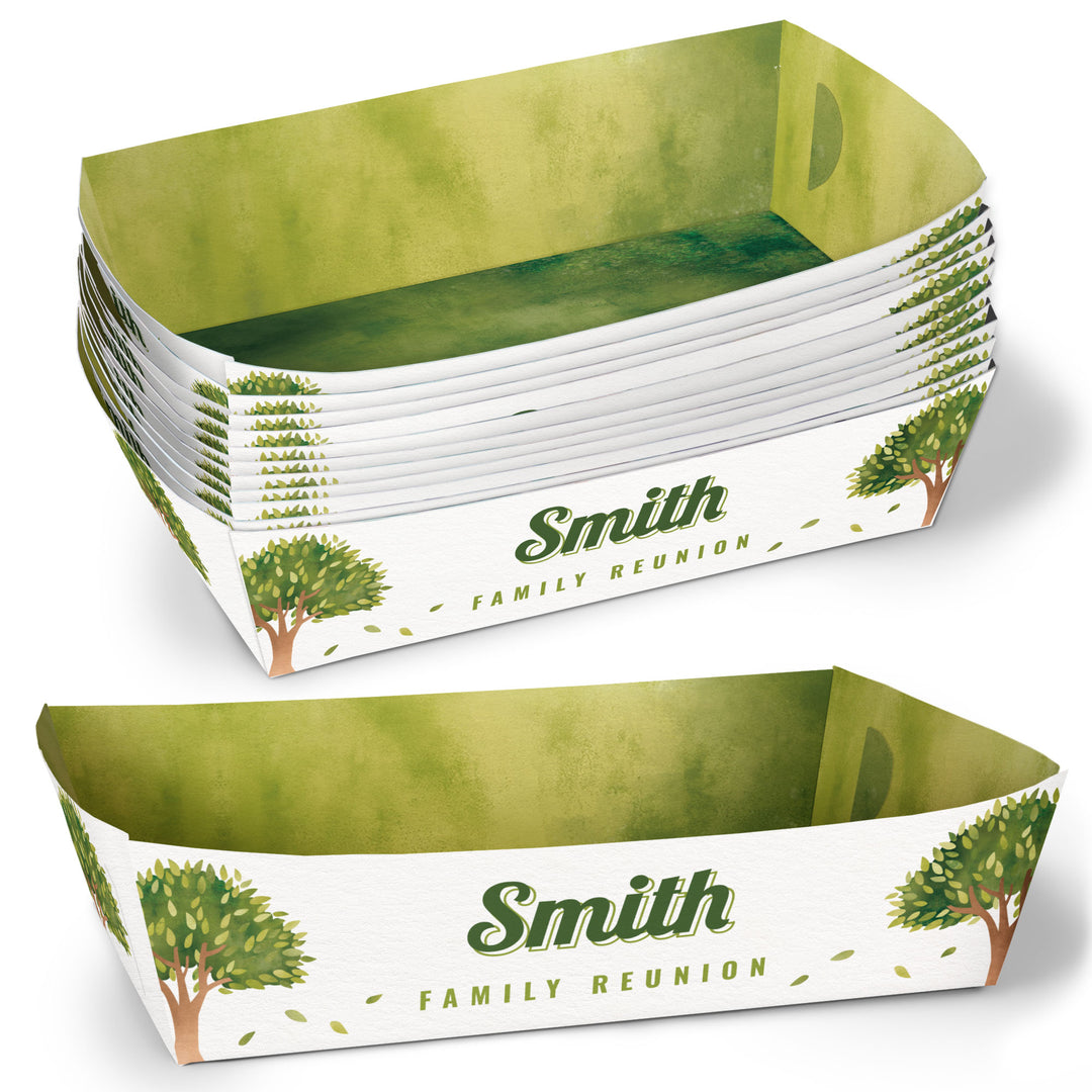 Stack of custom paper food trays for family reunion party design on a white background
