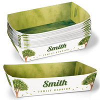 Stack of custom paper food trays for family reunion party design on a white background