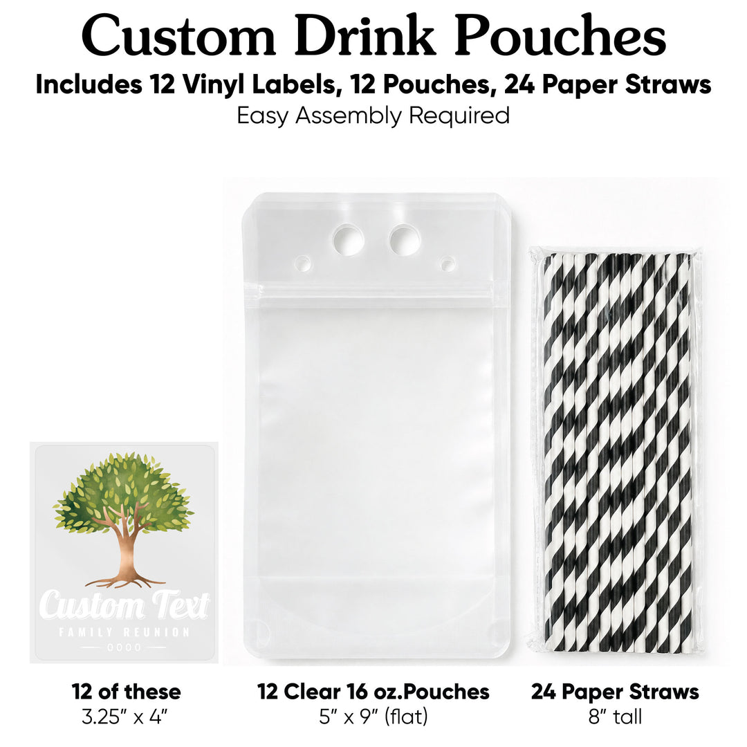 Custom Text Drink Pouches - Family Tree Reunion - 12 Ct