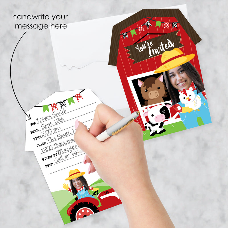 Custom Photo Farm Animals - Barnyard Birthday Party Fun Face Shaped Fill-In Invitation Cards with Envelopes - Set of 12