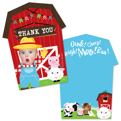 Custom Photo Farm Animals - Barnyard Birthday Party Fun Face Shaped Thank You Cards with Envelopes - Set of 12