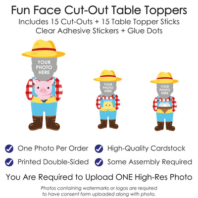 Custom Photo Farm Animals - Barnyard Birthday Party Centerpiece Sticks - Fun Face Table Toppers - Set of 15