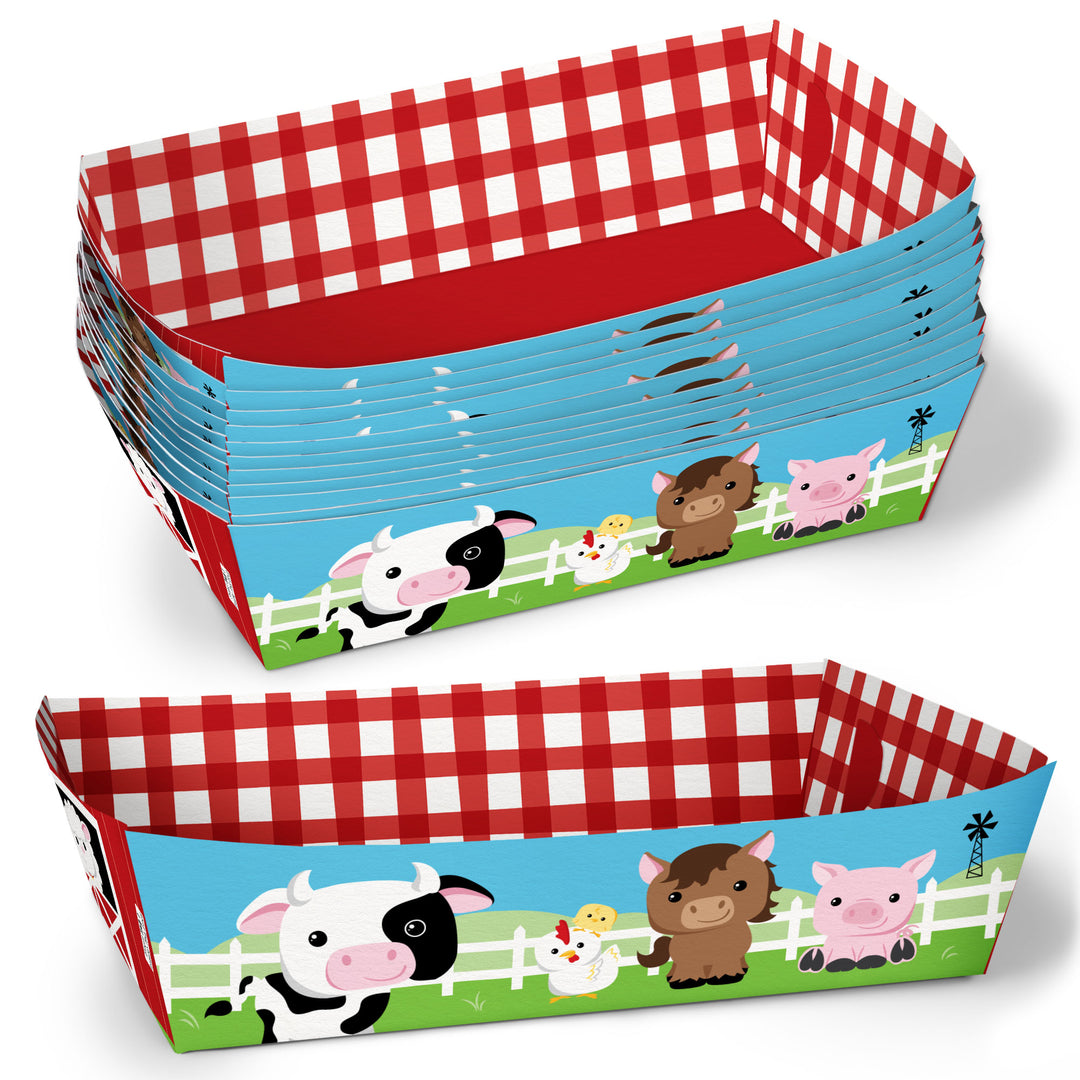 Set of farm-themed paper trays with checkered design on a white background