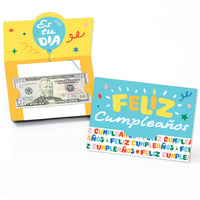 A set of Feliz Cumpleanos themed money and gift card holders with colorful designs, accompanied by a $20 bill and a gift card, displayed alongside white envelopes.