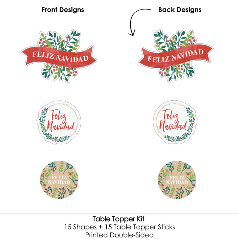 Feliz Navidad - Holiday and Spanish Christmas Party Centerpiece Sticks - Table Toppers - Set of 15
