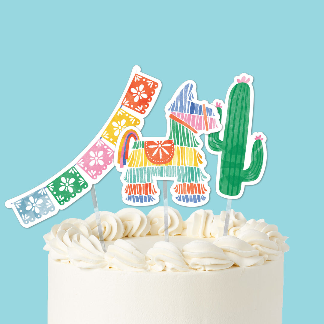 fiesta cake toppers 3 piece set on colorful cake