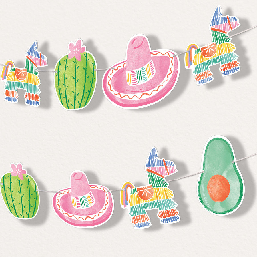 Colorful festive banner with piñata, sombrero, and cactus shapes on a white background