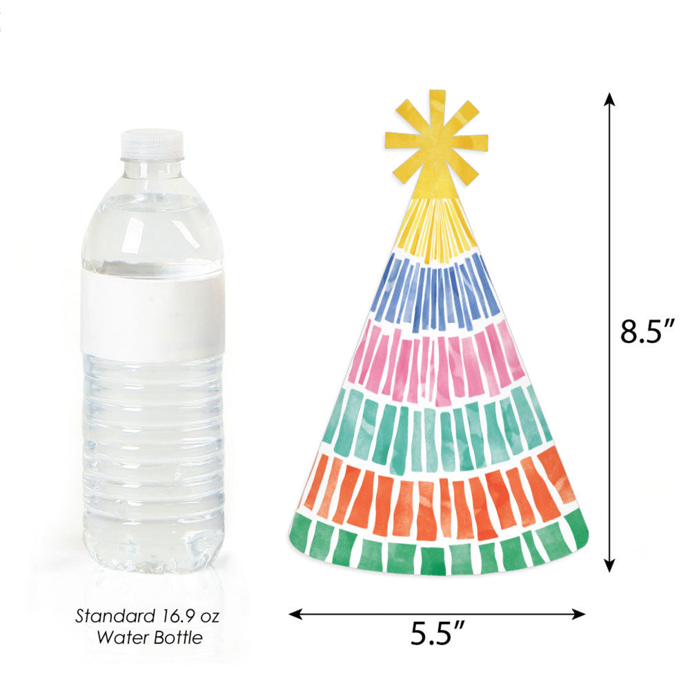 Colorful cone-shaped object next to a standard 16.9 oz water bottle for size comparison on a white background.