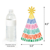 Colorful cone-shaped object next to a standard 16.9 oz water bottle for size comparison on a white background.