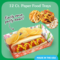 Paper food trays with a hot dog, chips, and nachos with text about serving party meals.