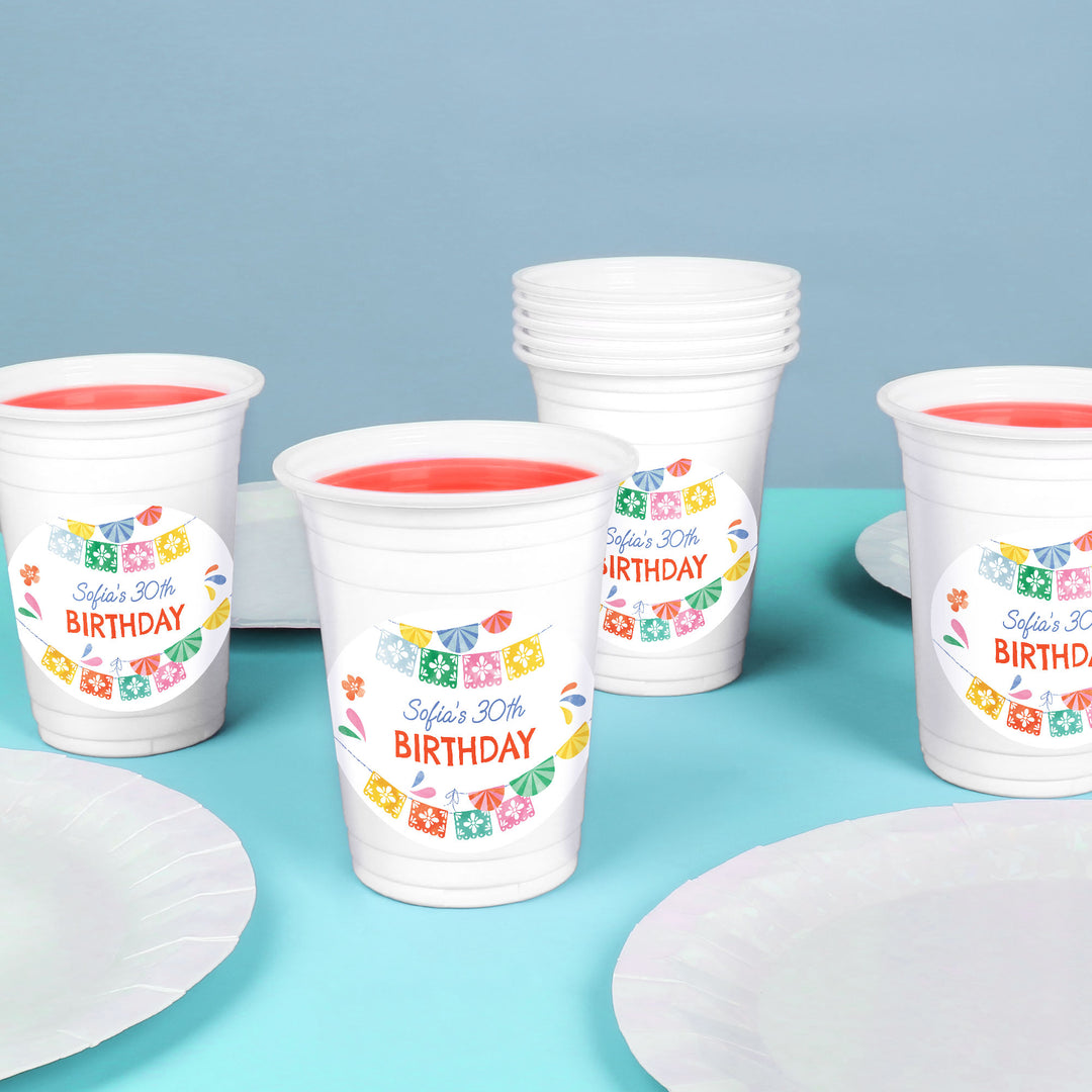 Custom fiesta party cups with stickers applied