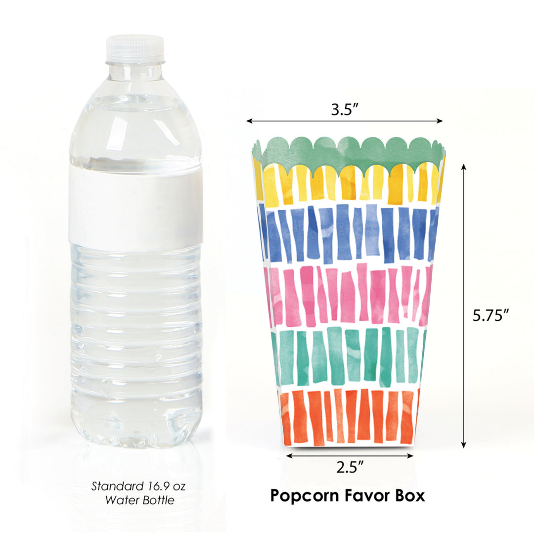 Comparison of a standard 16.9 oz water bottle and a colorful popcorn favor box with dimensions indicated.