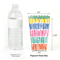Comparison of a standard 16.9 oz water bottle and a colorful popcorn favor box with dimensions indicated.