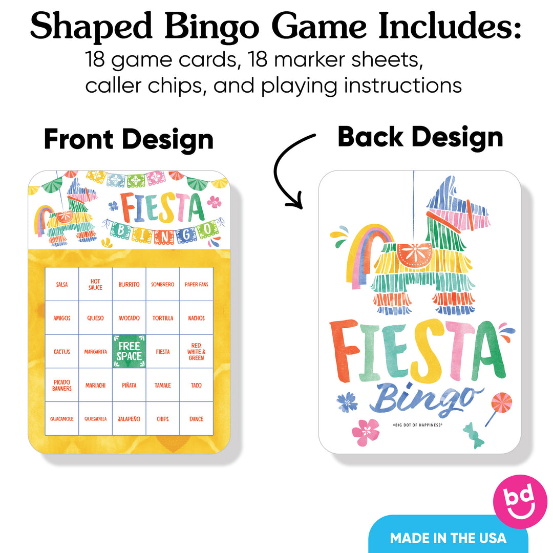 Shaped Bingo Game with front and back designs, including 'Fiesta Bingo' text and colorful elements.
