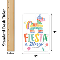 Colorful 'Fiesta Bingo' game with dimensions and a ruler for scale.