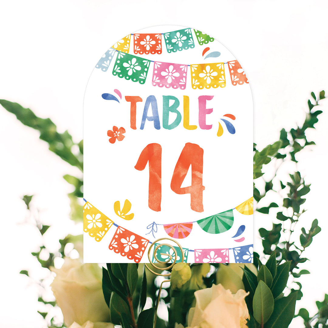 Colorful table number 14 with decorative elements on a white background