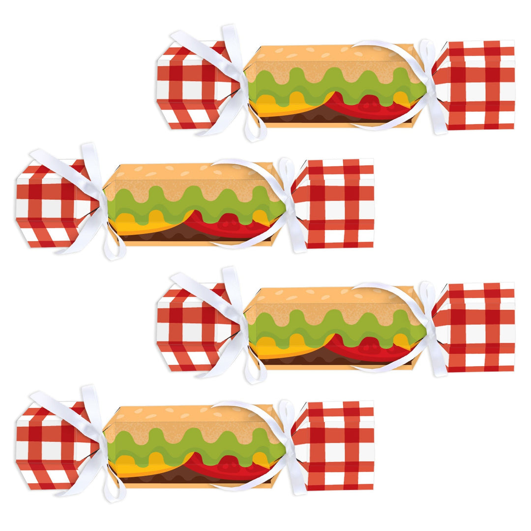 A set of 12 flat, cardstock party favor boxes designed for a summer BBQ picnic party, with a Fire Up the Grill theme, featuring red and white checkered patterns and faux food graphics.