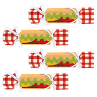 A set of 12 flat, cardstock party favor boxes designed for a summer BBQ picnic party, with a Fire Up the Grill theme, featuring red and white checkered patterns and faux food graphics.