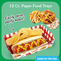 Sturdy BBQ Paper food trays with a hot dog, chips, and nachos on a green background.