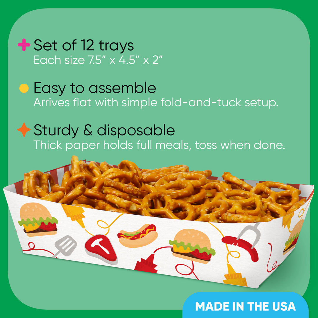 Set of 12 disposable food trays with fries, assembled and ready for use, on a green background with text about the product.