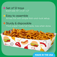 Set of 12 disposable food trays with fries, assembled and ready for use, on a green background with text about the product.