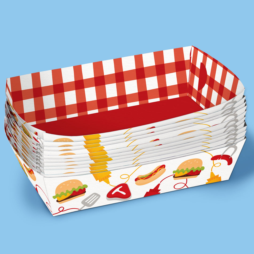 Stack of sturdy paper food baskets with red and white checkered top and food-themed bottom on a blue background