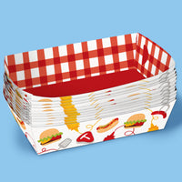 Stack of sturdy paper food baskets with red and white checkered top and food-themed bottom on a blue background