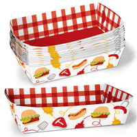 Back Yard cook out Stack of paper food baskets with red and white checkered pattern and food-themed design on a white background.
