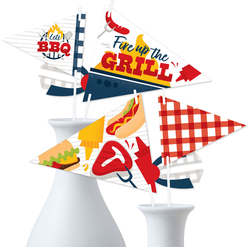 Fire Up the Grill - Triangle Summer BBQ Picnic Party Photo Props - Pennant Flag Centerpieces - Set of 20