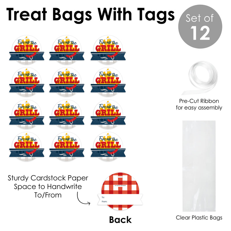 Fire Up the Grill - Summer BBQ Picnic Party Clear Goodie Favor Bags - Treat Bags With Tags - Set of 12