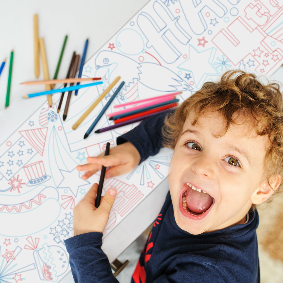 Kids coloring patriotic table runner at 4th of July party