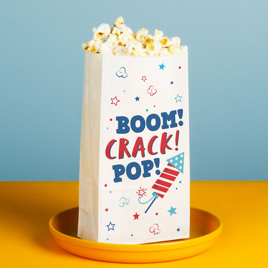 Colorful fireworks popcorn bag design close up detail