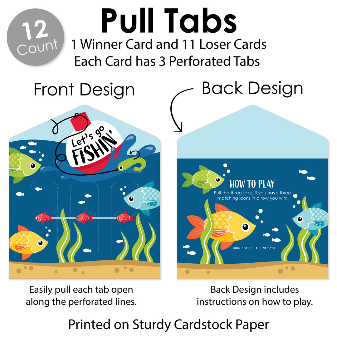 Let’s Go Fishing - Fish Themed Birthday Party or Baby Shower Game Pickle Cards - Pull Tabs 3-in-a-Row - Set of 12