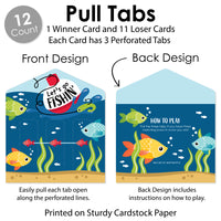 Let’s Go Fishing - Fish Themed Birthday Party or Baby Shower Game Pickle Cards - Pull Tabs 3-in-a-Row - Set of 12