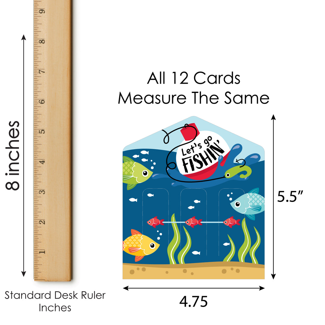 Let’s Go Fishing - Fish Themed Birthday Party or Baby Shower Game Pickle Cards - Pull Tabs 3-in-a-Row - Set of 12