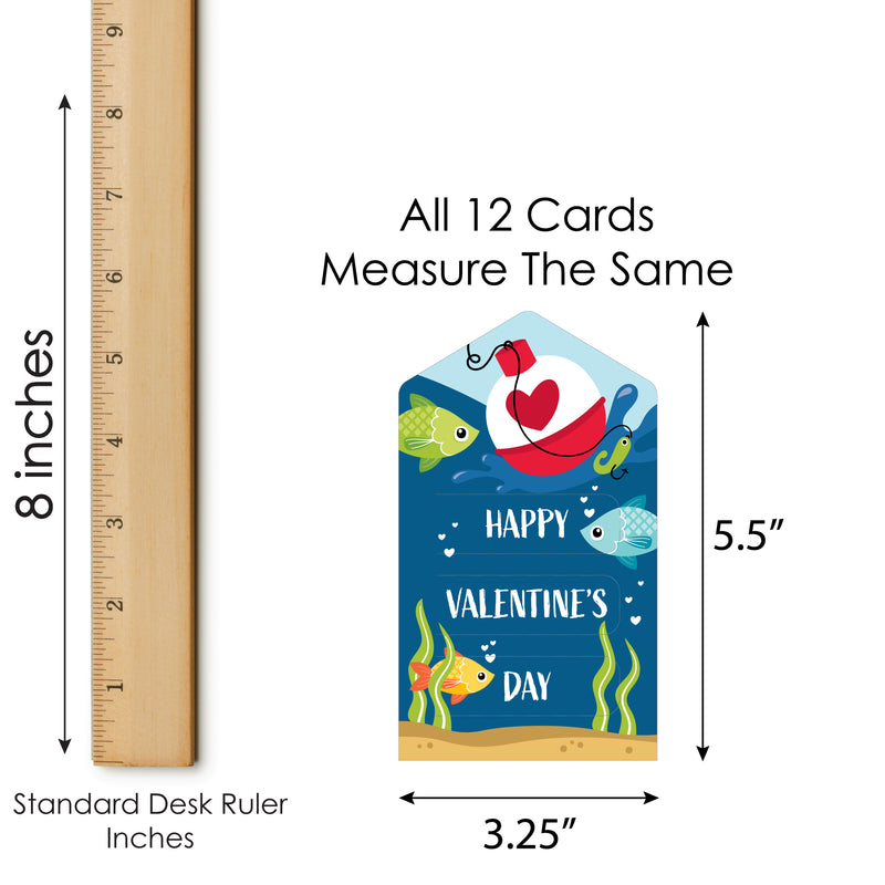 Big Dot of Happiness Let's Go Fishing - Fish Cards for Kids - Happy Valentine's Day Pull Tabs - Set of 12